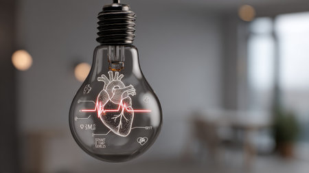 Innovative heart-sensing bulb emitting soft light, interface hovering with BPM indicators and health symbolsの素材