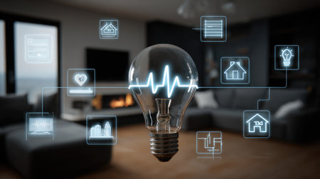 Light bulb with digital display showing pulse rate, surrounded by futuristic smart home elementsの素材