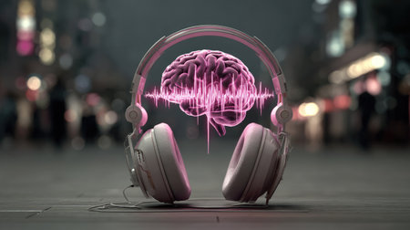 Stylized headphones with artificial intelligence chip and glowing waveform data overlayの素材