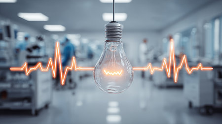 Lightbulb glowing softly in clean room with health analytics interface projected outwardの素材