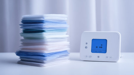 Stack of smart medical patches and NFC reader device on white background for health appsの素材