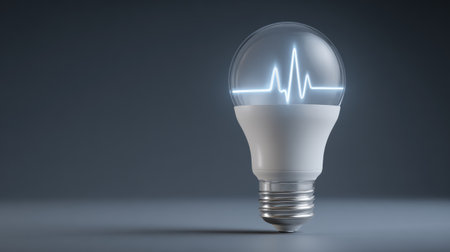 Medical tech meets lighting, smart bulb glowing blue with transparent heartbeat data hovering aboveの素材
