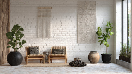 Boho-style beaded wall hanging over a white brick wall in a cozy, modern interiorの素材
