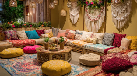 Boho-style lounge with colorful rugs, throw pillows, and hanging wall macram decorations giving a cozy vibeの素材
