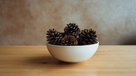 A minimalist ceramic bowl filled with dried pinecones as a natural decorative accent for a coffee tableの素材