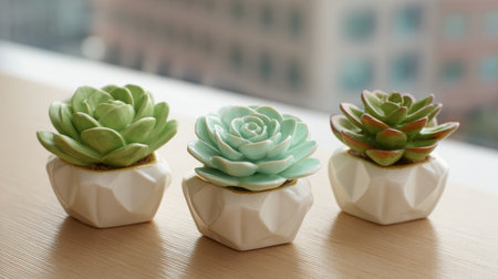 Faux succulents in ceramic pots used as desk or shelf accessories in a modern spaceの素材
