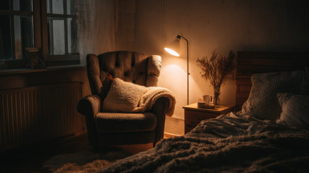 Cozy bedroom corner with floor lamp, throw pillows, and soft blankets arranged on a reading chair beside a bedの素材