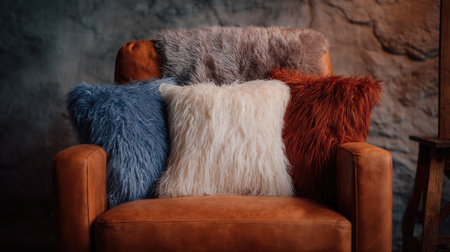 Faux fur throws and plush decorative cushions layered on an armchair for a cozy lookの素材