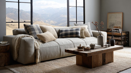 Cozy living room with neutral tones, layered textures, and decorative pillows arranged on a modern sofa beside a minimalist coffee tableの素材