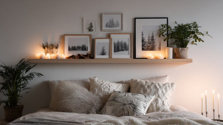 Collection of small framed prints and candles arranged on a floating shelf above a bedの素材