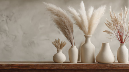 Elegant ceramic vases with dried pampas grass on a wooden shelf, minimalistic background in neutral tonesの素材