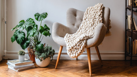 Cozy corner with mid-century chair, textured throw blanket, and potted plants arranged for a relaxed interior vibeの素材
