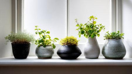 Small potted plants and modern vases grouped together on a windowsill with soft lightingの素材