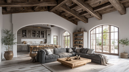 Farmhouse interior design with distressed wood, cozy textiles, and rustic accessories in a homey settingの素材