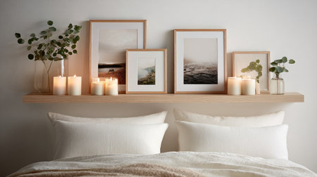Collection of small framed prints and candles arranged on a floating shelf above a bedの素材