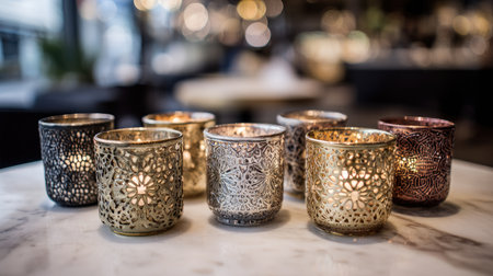A collection of metallic candle holders with intricate patterns placed on a marble tabletop for a luxurious decorative accentの素材