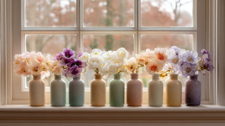 Soft, pastel-hued vases with faux flowers aligned on a windowsill in a romantic interior settingの素材