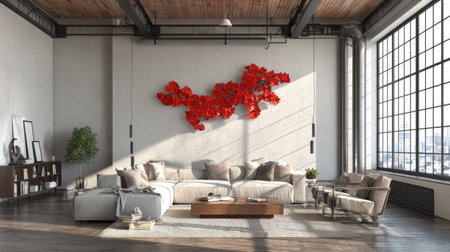 Abstract metal wall art catching natural light in a modern loft space for a bold visual effectの素材