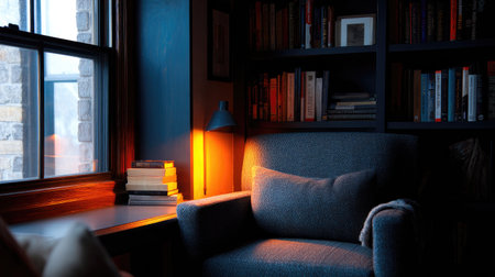 Cozy reading nook with armchair, soft lighting, and built-in bookshelves in a relaxing corner designの素材