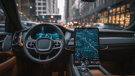 Touchscreen digital dashboard in autonomous vehicle displaying sensors and navigation mapの素材