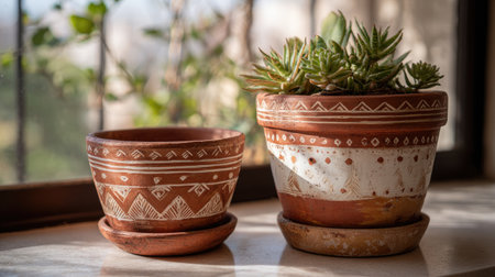 Clay pots with tribal designs used as unique tabletop accessories in a minimalist homeの素材