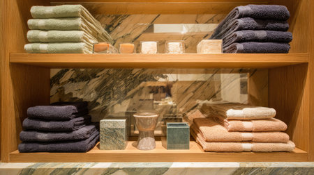 Bathroom decorated with elegant mirrors, stylish shelving, and coordinated towels in a modern paletteの素材