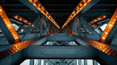 View of a steel bridge structure, highlighting rivets, beams, and modern engineering without human presenceの素材