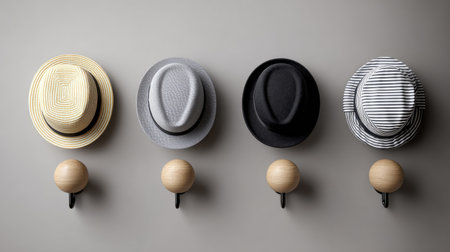 Wall hooks with stylish hats and hanging decorative items used as functional accessoriesの素材