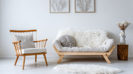 Scandinavian-modern interior with white walls, pale wood furniture, and soft texturesの素材