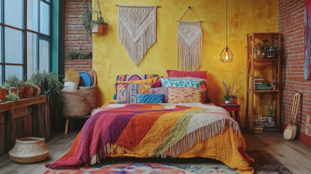 Bohemian-style bedroom with colorful throws, patterned pillows, macram wall hangings, and eclectic furniture mixの素材