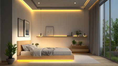 Bedroom with floating shelves, built-in lighting, minimal decor, and framed art for a clean aestheticの素材