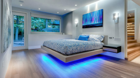 Contemporary bedroom with floating bed frame, minimalist decor, and recessed lighting creating a sleek atmosphereの素材