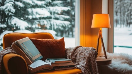 Cozy reading nook with a comfy armchair, floor lamp, stack of books, and soft throw blanket beside a large windowの素材