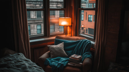 Cozy reading nook with a comfy armchair, floor lamp, stack of books, and soft throw blanket beside a large windowの素材