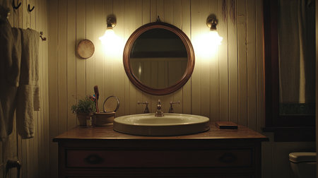 Farmhouse bathroom vanity made from antique dresser, vessel sink, round mirror, and beadboard walls with barn light fixtureの素材