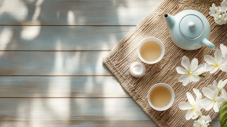Flat lay of tea table with teapot, cups, woven mat, sugar bowl, and flower centerpiece on elegant wood grainの素材