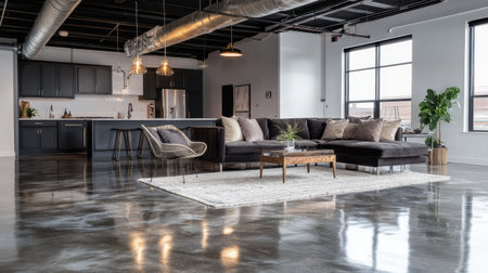 Designer loft with luxury touches, exposed beams, polished concrete floors, and curated furnishingsの素材