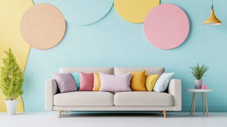 Geometric living-room mural of overlapping turquoise, coral, mustard, and lavender blocks, paired with neutral sofa and colorful pillowsの素材