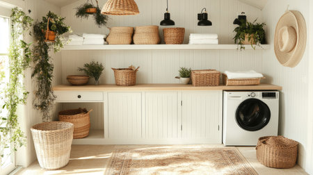 Farmhouse laundry room with barn-style cabinet doors, neutral tile flooring, rustic lighting, and woven baskets on open shelvesの素材