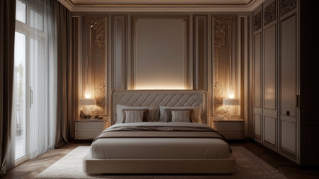 Bedroom with decorative wall molding, elegant lighting, neutral linens, and subtle metallic finishesの素材