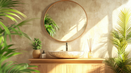 Bright Asian bathroom with wooden vanity, circular mirror, stone sink, and minimalist green plants on side shelfの素材