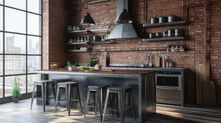 Industrial-style D kitchen with brick backsplash, metal stools, and clean cabinetryの素材