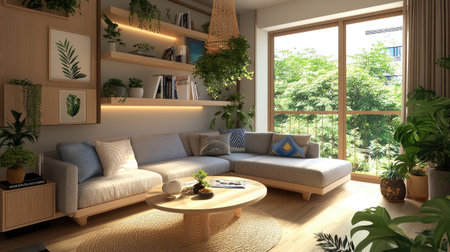 Living space with open shelves, modular seating, indoor plants, and mid-century modern touchesの素材