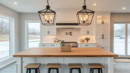 Kitchen with center island, butcher block countertop, large lantern pendant lights, and farmhouse stools arranged neatlyの素材