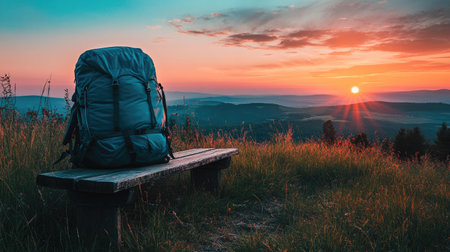 A single backpack resting on a bench at a scenic mountain overlook under a vibrant sunrise skyの素材