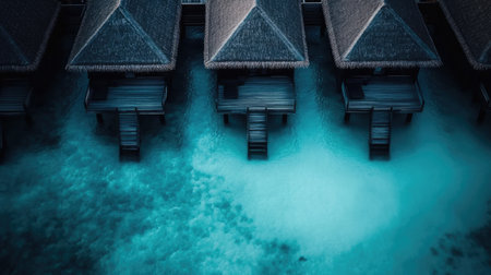 Aerial top-down shot of overwater suites in Maldives with individual decks over shallow seaの素材