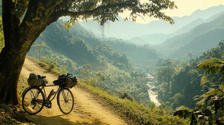 Bicycle resting against a tree beside a remote dirt path in mountainous terrainの素材