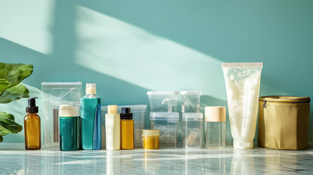 Assortment of travel bottles, TSA-compliant containers, and clear toiletry bags on a counterの素材