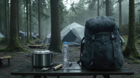 Backpack, cooking pot, and water bottle on a camp table at a remote forest siteの素材