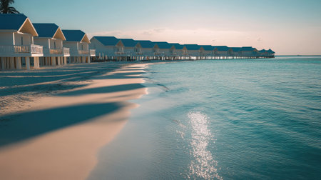 Calm morning light hitting Maldives overwater bungalows, with shadows on tranquil blue seaの素材